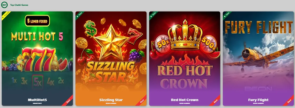 Row of Chatki slot game cards with promotional labels