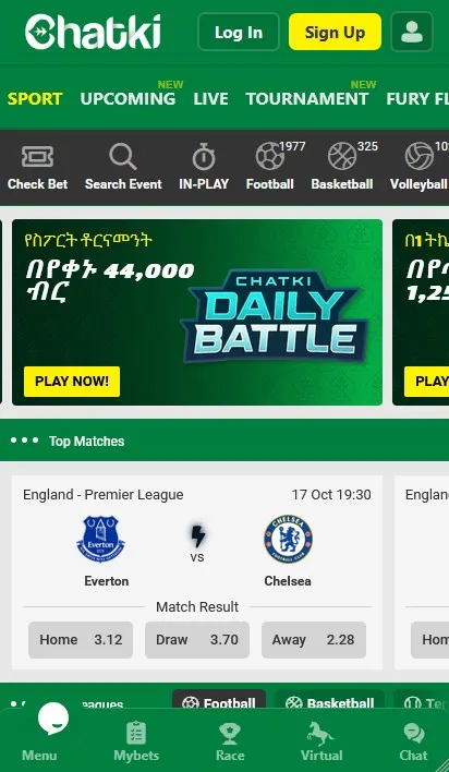 Chatki sportsbook lobby with sports navigation, promotional banners, and a betslip